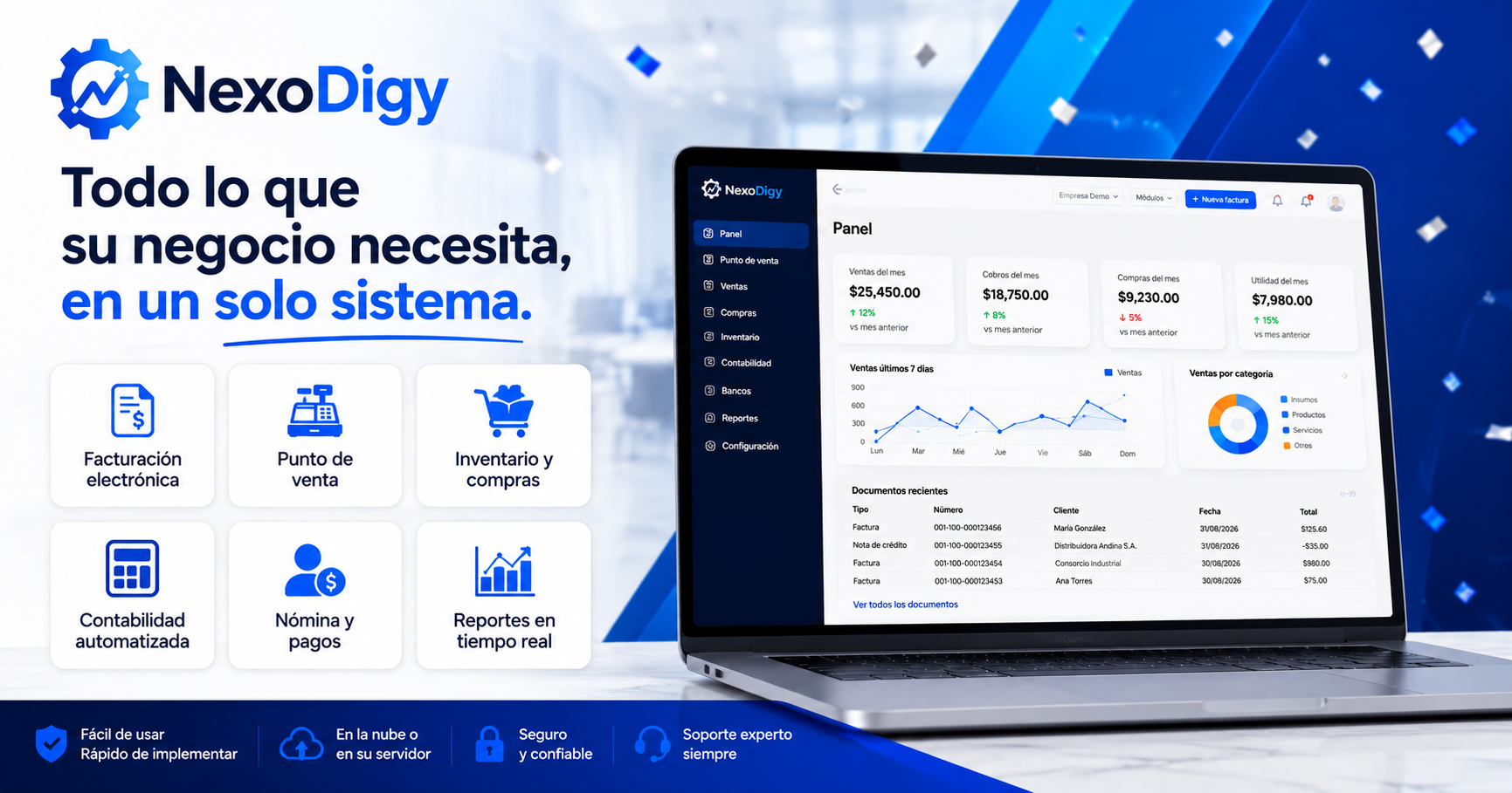 NexoDigy todo lo que su negocio necesita en un solo sistema, facturación electrónica, punto de venta, inventario y compras, contabilidad, nómina y reportes.